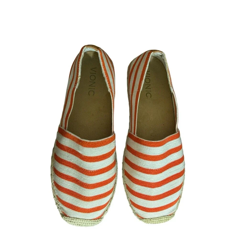 Vionic Women’s Espadrilles‎ Flats Orange White Striped Canvas Slip-On Shoes 6.5